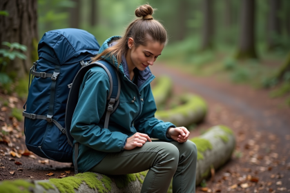 Jeune femme en randonnée ajustant son sac à dos