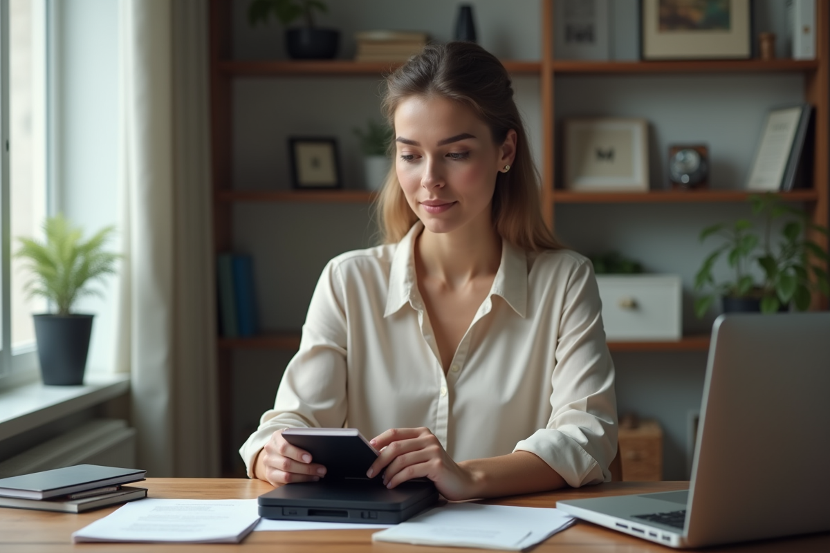 Femme scannant un passeport dans un bureau moderne