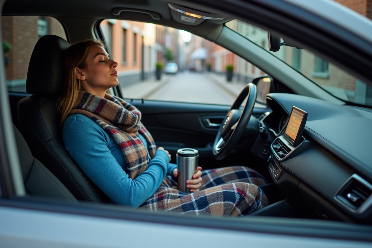 Jeune femme endormie dans une voiture en ville belge