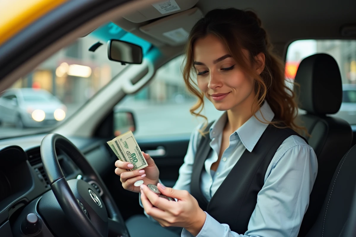 Jeune conductrice de taxi comptant des pièces en ville