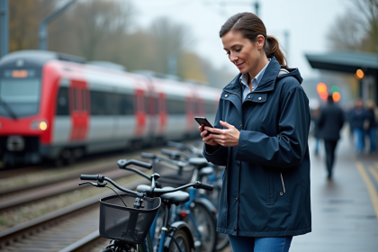 Femme en imperméable vérifiant son smartphone à la station