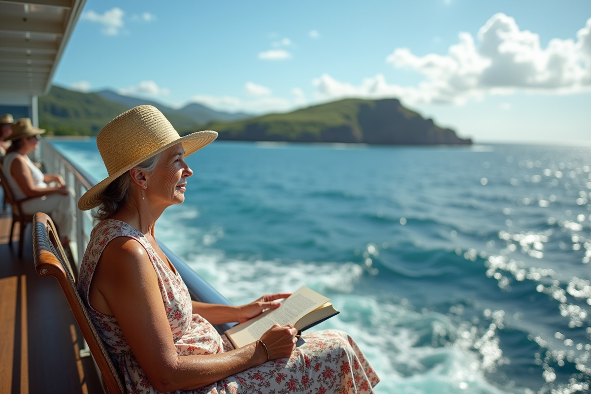 Femme âgée lisant sur le pont d