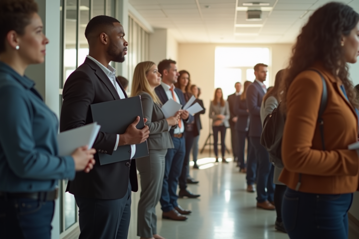 Groupe de personnes attendant dans une file à un bureau officiel