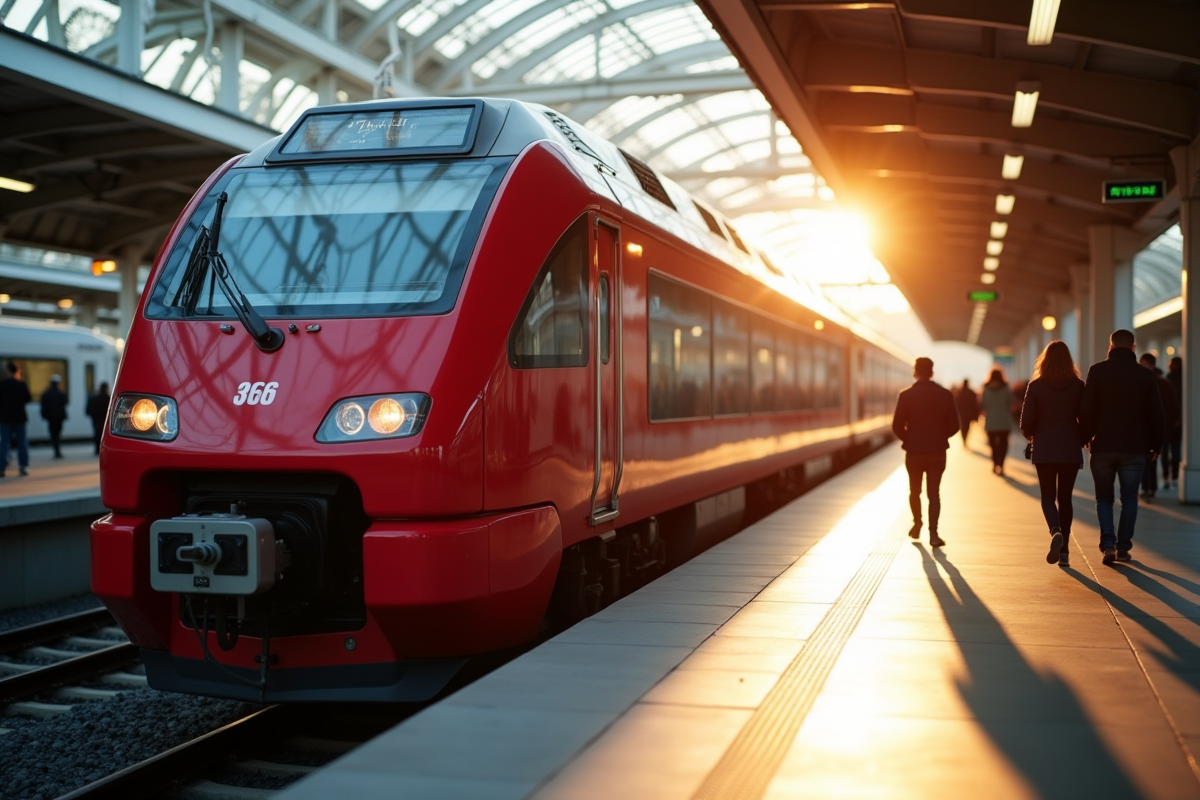 Train Thalys à la gare avec passagers le matin en plein jour