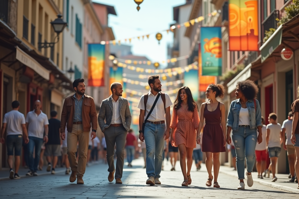 Groupe de personnes dans une ville animée avec architecture moderne