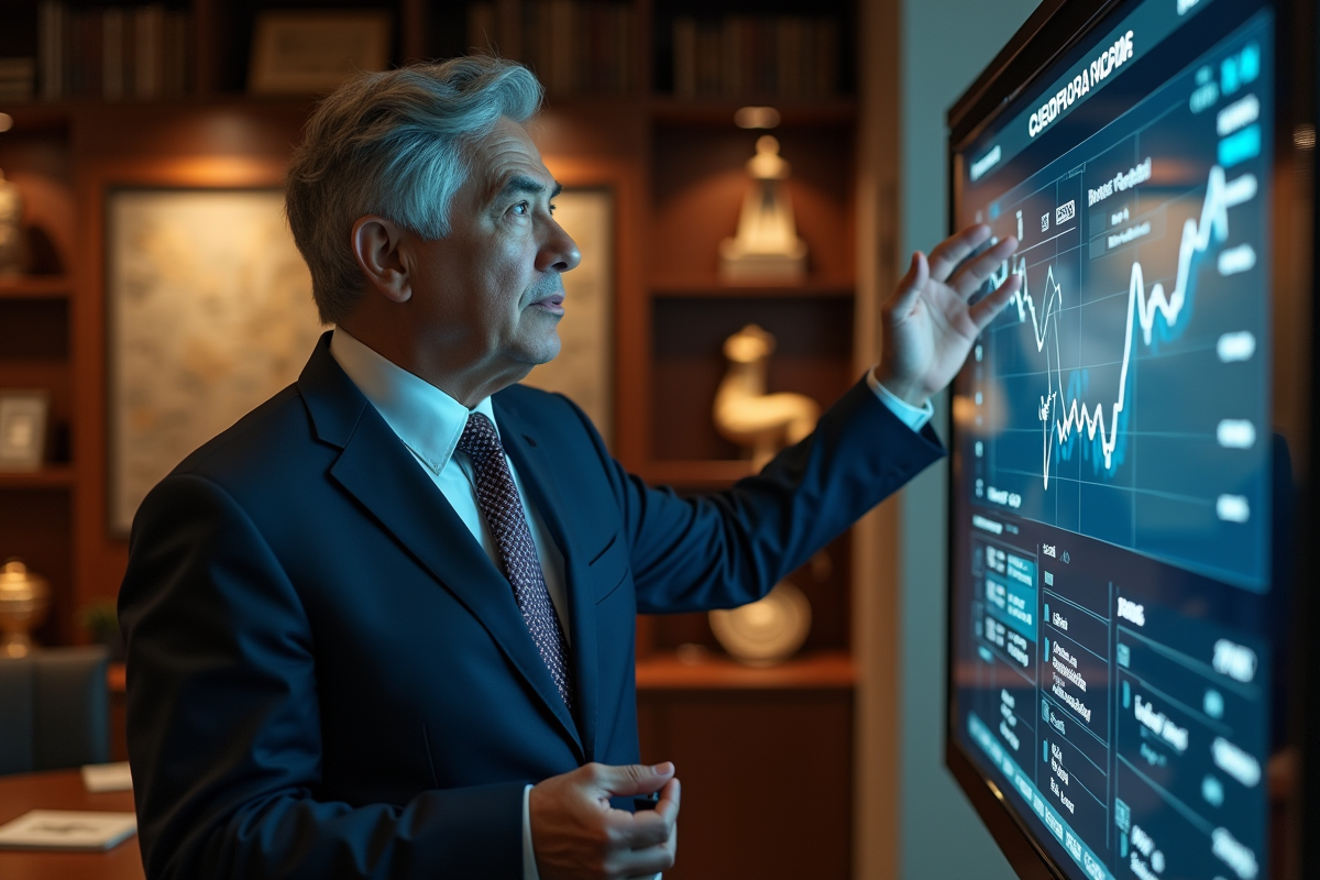 Historien en costume moderne expliquant un graphique sur la richesse de Cléopâtre