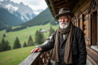 Homme âgé suisse en tenue traditionnelle devant un chalet