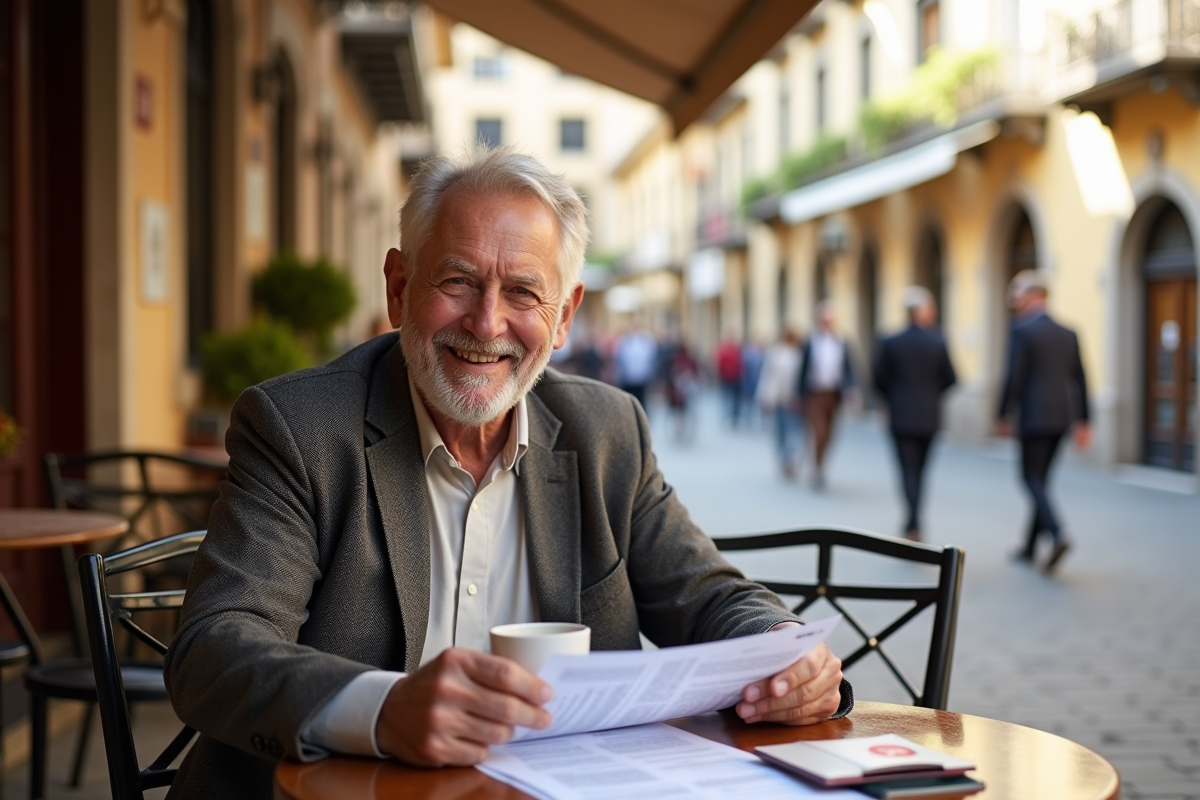Homme souriant avec documents dans un café en Espagne