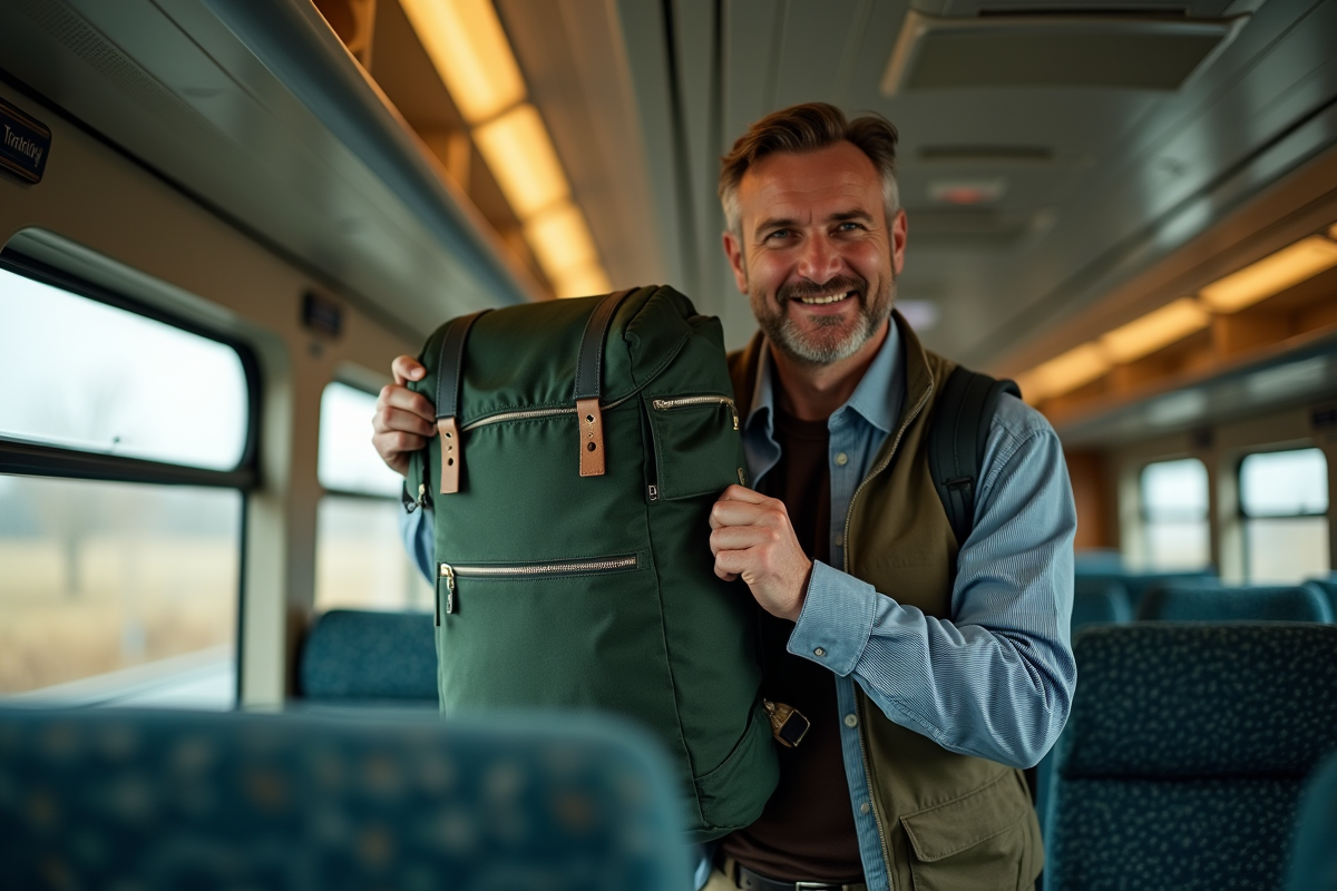 Homme chargeant un sac à dos dans un train