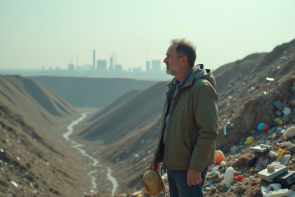 Homme d'âge moyen face à une montagne de déchets