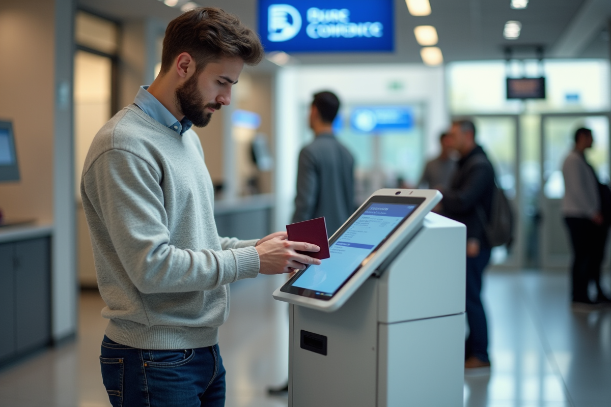 Jeune homme utilisant un kiosque pour scanner son passeport