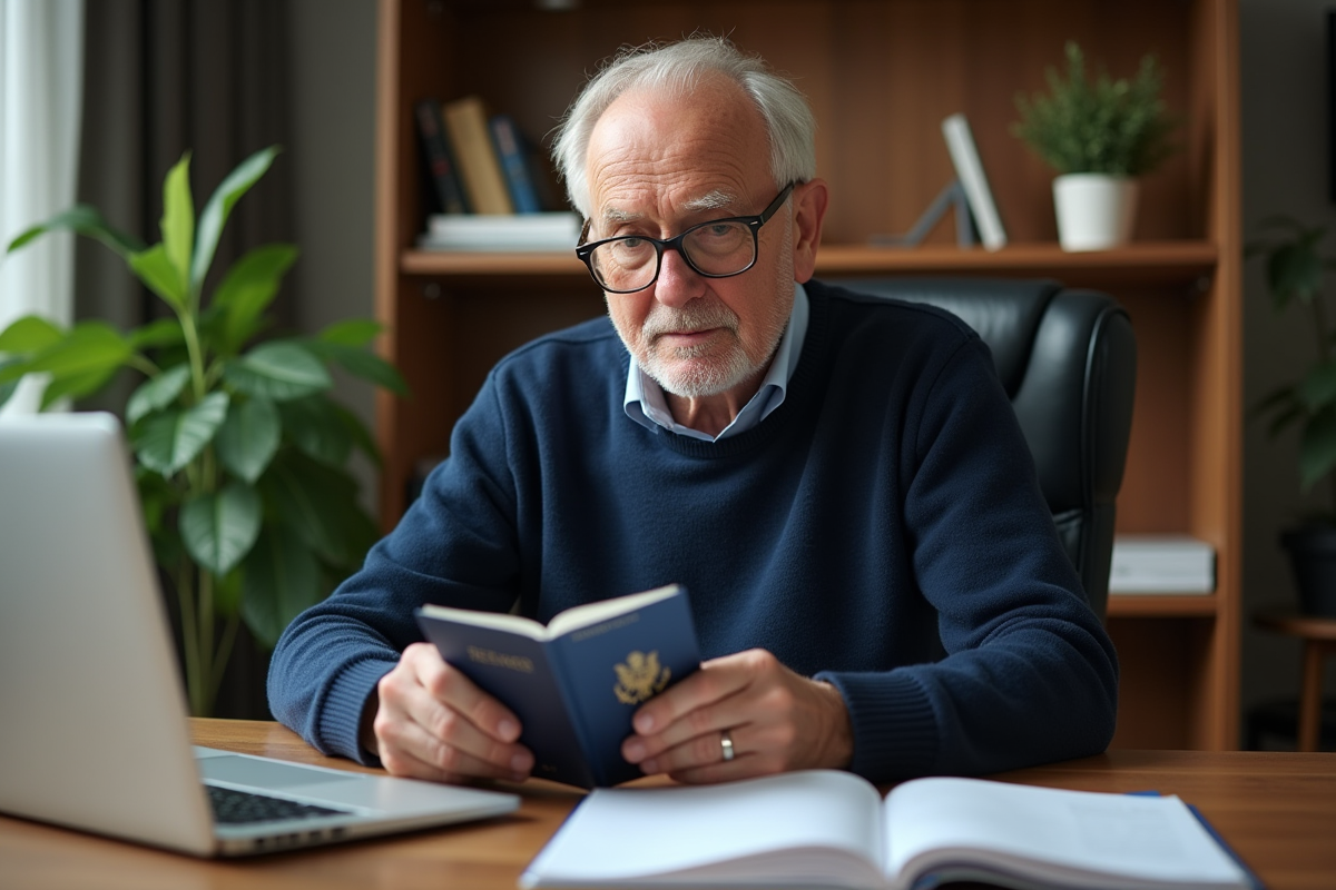 Homme âgé lisant son passeport français au bureau