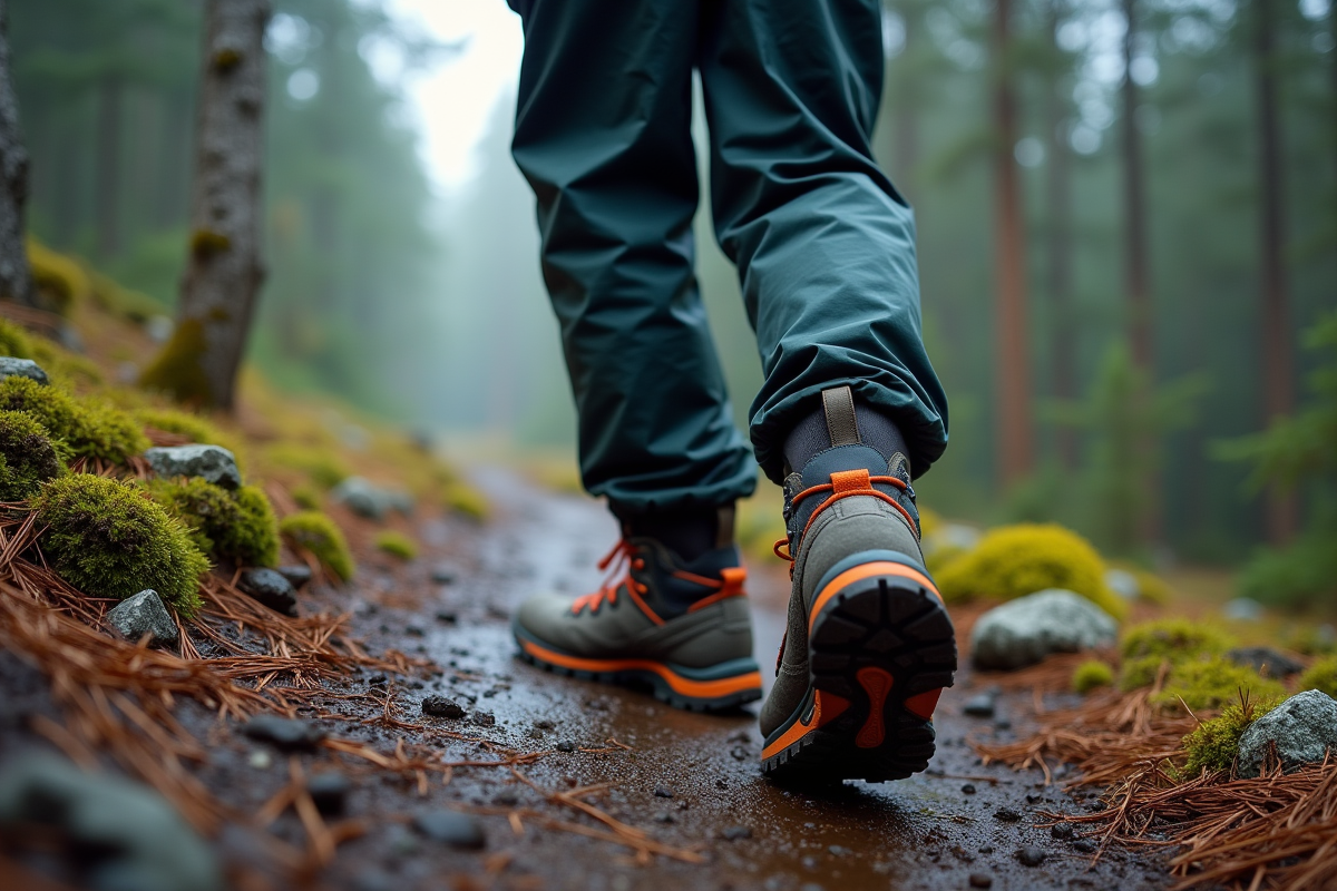 Homme en marche dans une forêt nordique humide