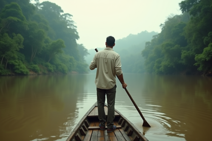Homme en bateau sur une rivi&egrave;re amazonienne verdoyante