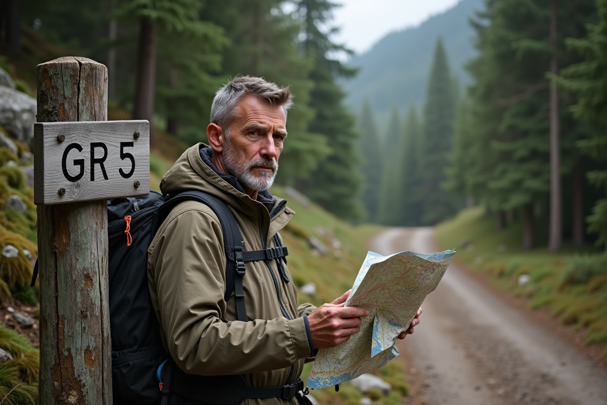 Homme vérifiant une carte au panneau de trail en forêt