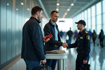 Homme présentant son passeport à un agent de douane à l'aéroport