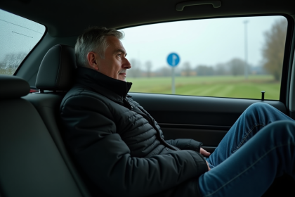Homme d'âge moyen dans une voiture en Belgique rurale