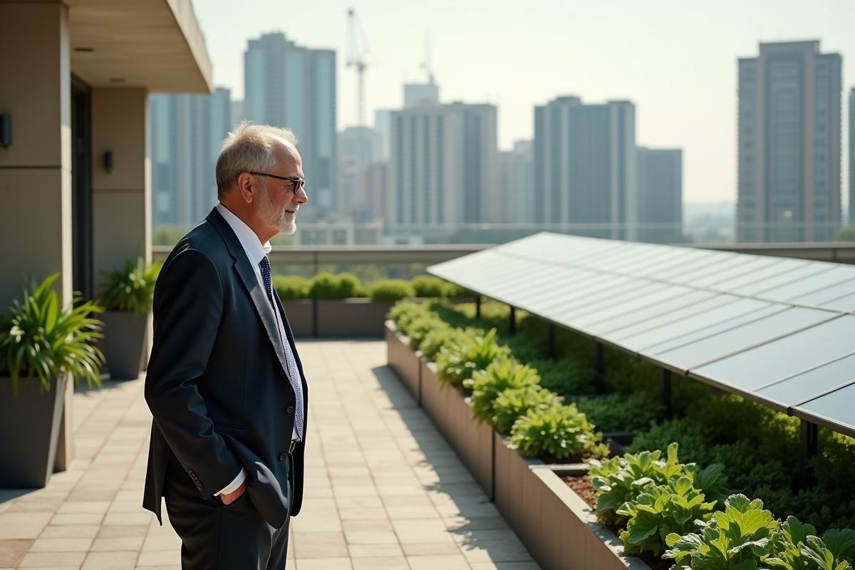 Homme regardant les panneaux solaires sur le toit vert
