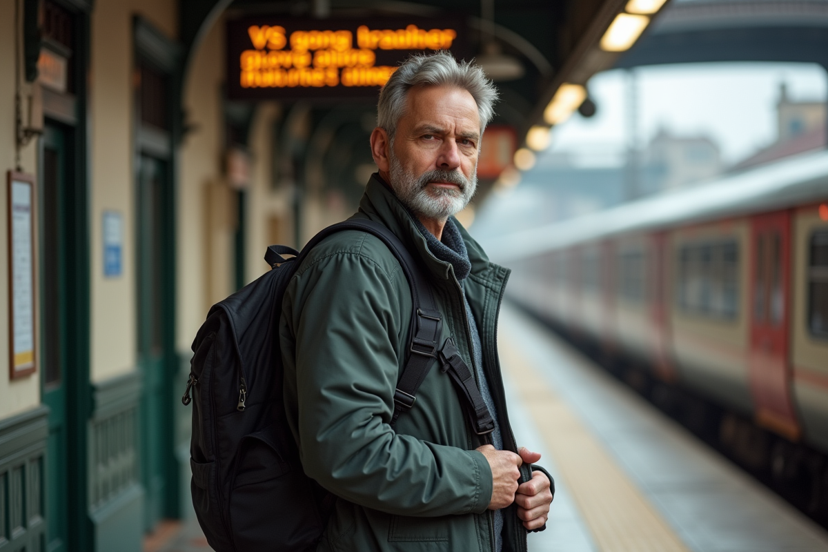 Homme ajustant sac à la gare en voyage