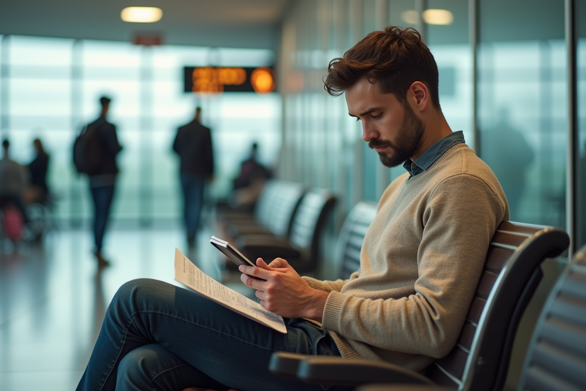 Jeune homme vérifiant ses documents à l
