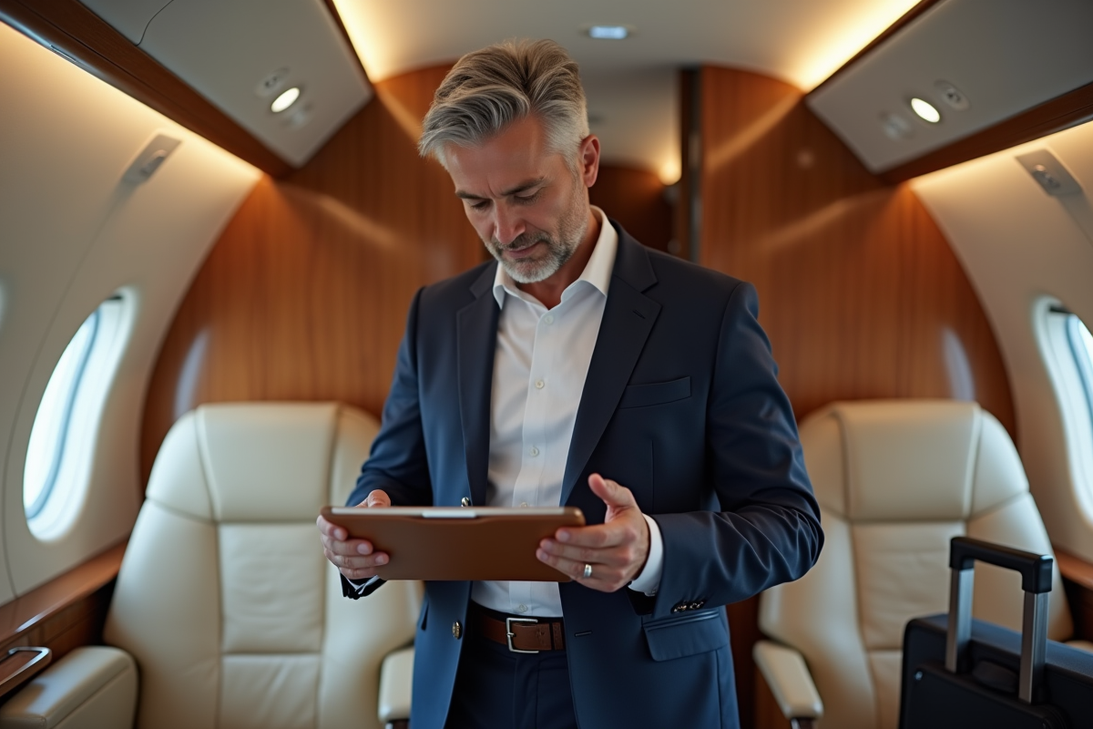 Homme en costume dans cabine de jet privé