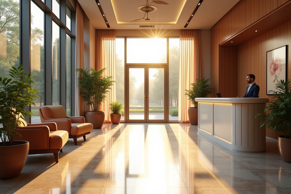 Intérieur accueillant d'un petit hôtel avec réception élégante