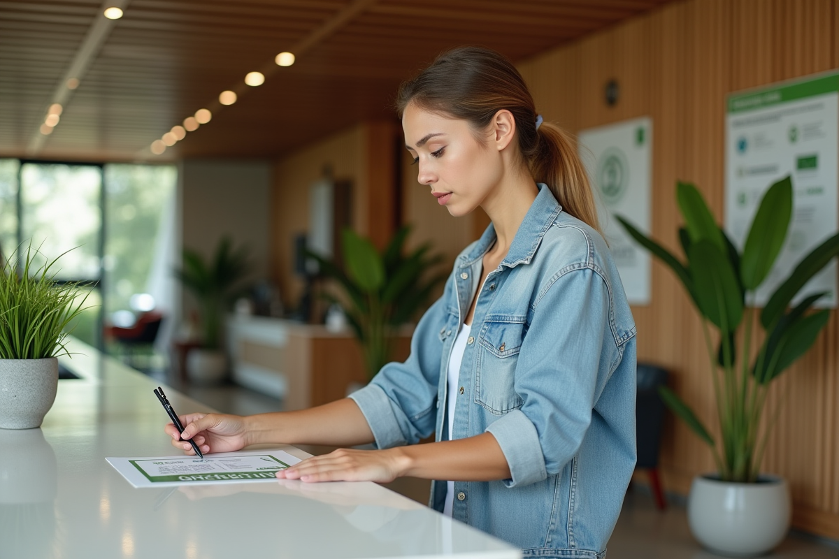 Jeune femme vérifiant un label écologique à la réception