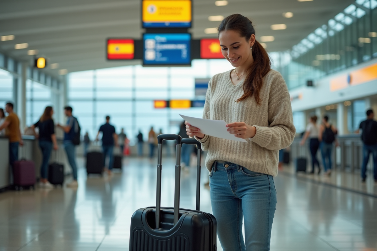 Jeune femme à l'aéroport espagnol avec valise et documents