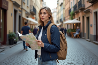 Jeune femme avec carte dans une rue européenne