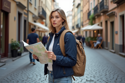 Jeune femme avec carte dans une rue européenne