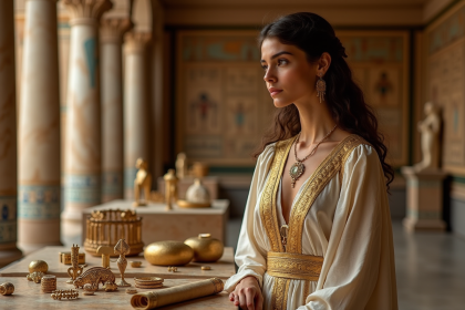 Jeune femme m&eacute;diterran&eacute;enne en robe dor&eacute;e contemplant des bijoux anciens