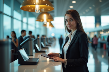 Jeune femme au comptoir d'enregistrement aéroport avec passeport