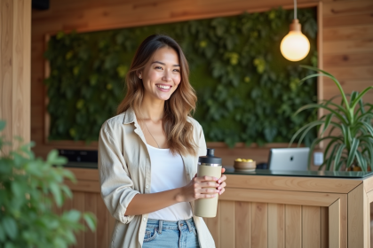 Jeune femme souriante dans un h&ocirc;tel &eacute;cologique moderne