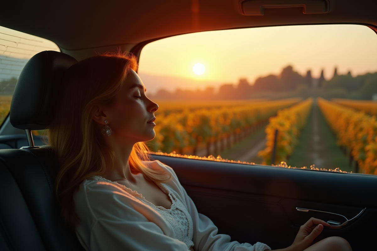 Jeune femme dormant dans une voiture au lever du soleil en campagne italienne
