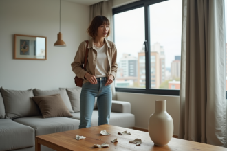 Jeune femme inquiète près d'un vase cassé dans un salon Airbnb
