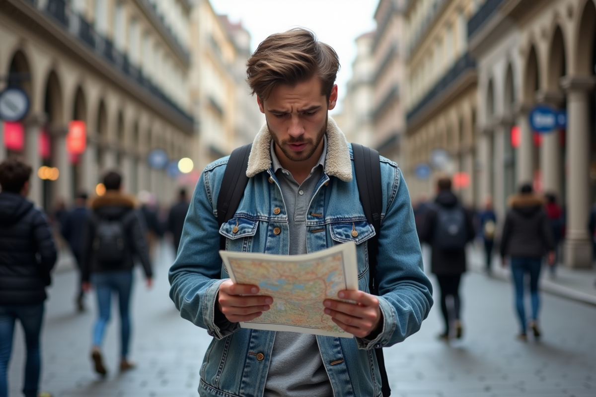 Jeune homme avec sac à dos sur une rue animée en Europe