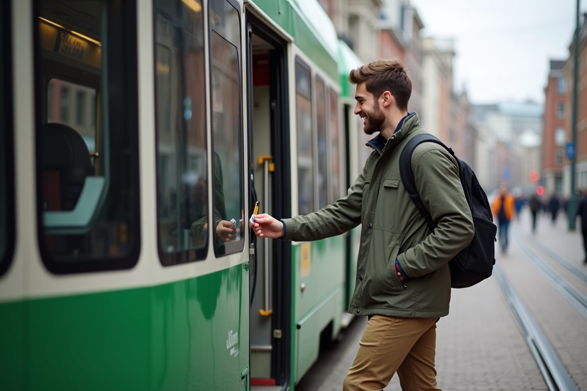 Jeune homme montant dans un tram néerlandais en ville