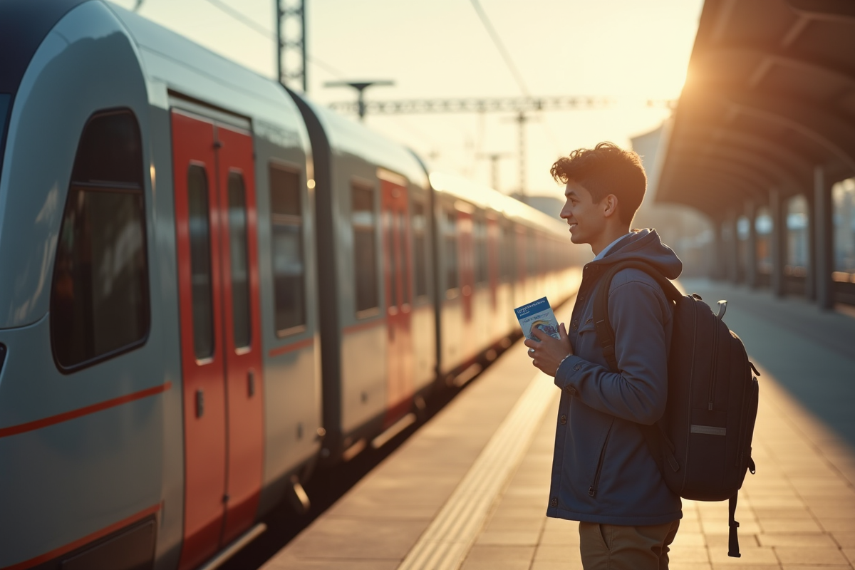 Jeune voyageur avec pass Interrail sur une plateforme ensoleillee