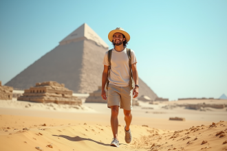 Jeune voyageur marchant près de la pyramide de Gizeh sous un ciel bleu