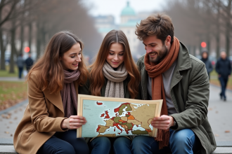 Trois jeunes adultes étudiant une carte de l'Europe dans un parc urbain