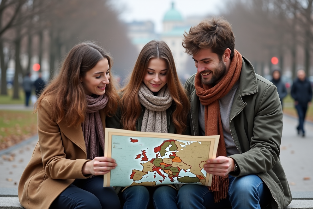 Trois jeunes adultes étudiant une carte de l'Europe dans un parc urbain