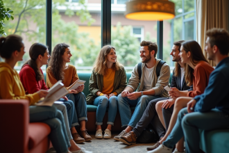 Jeunes voyageurs divers dans un salon moderne de hostel