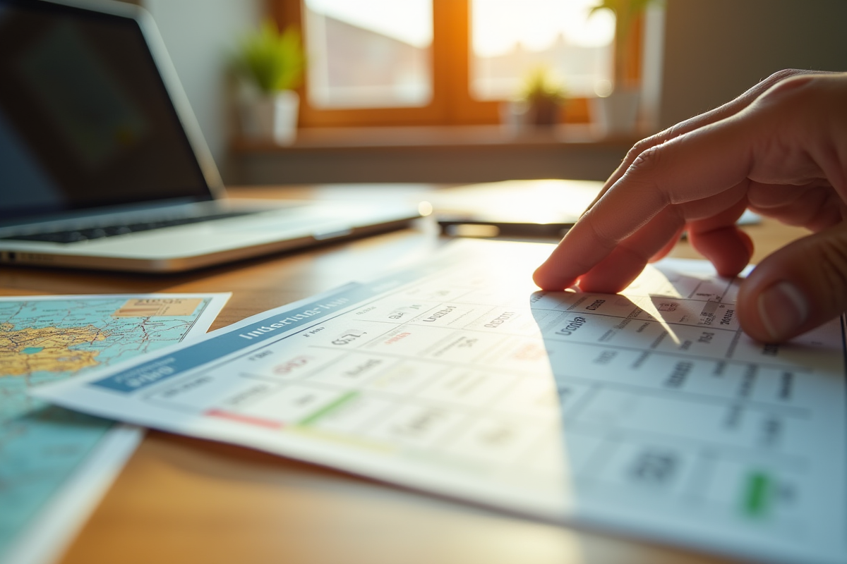 Main posant un pass Interrail sur un calendrier sur bureau lumineux