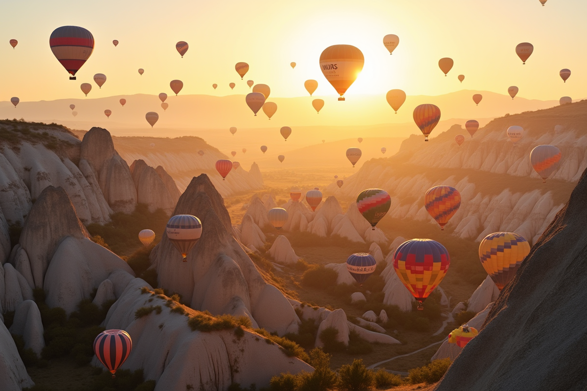 Montgolfières colorées survolant Cappadoce au lever du soleil