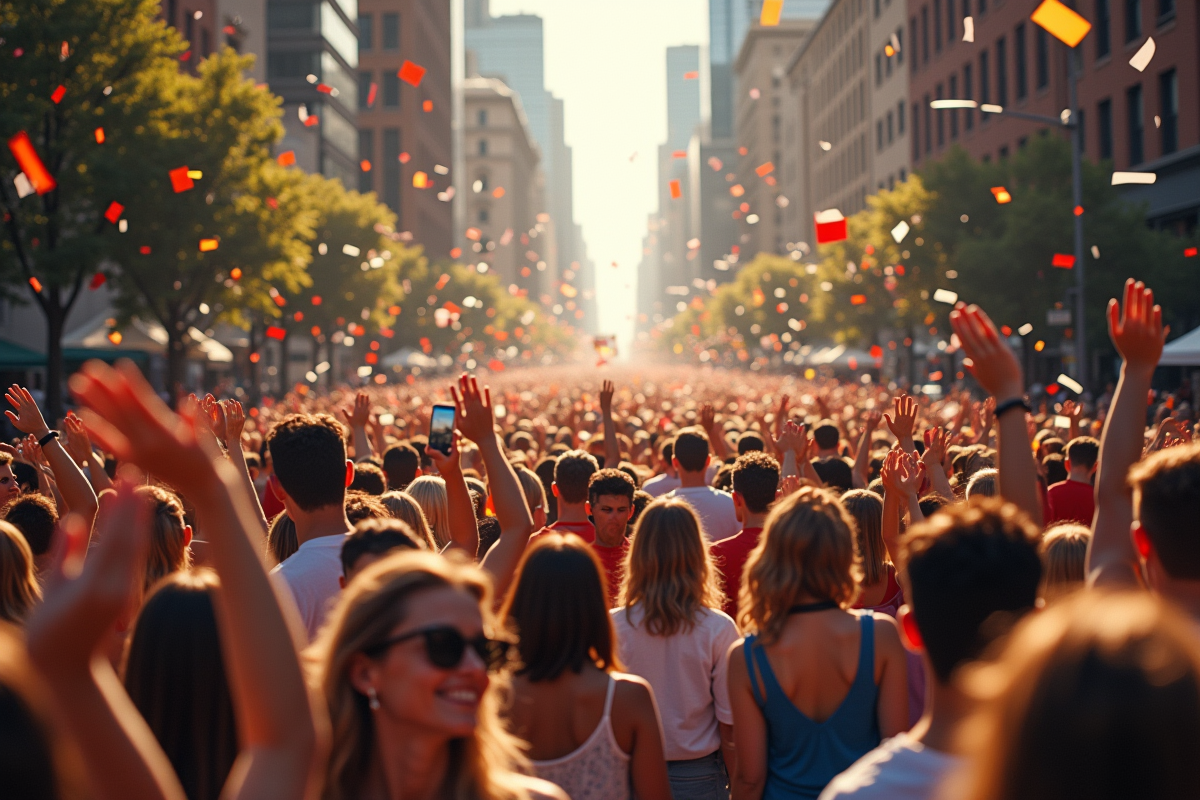 Parade animée dans une rue urbaine avec confettis et foule