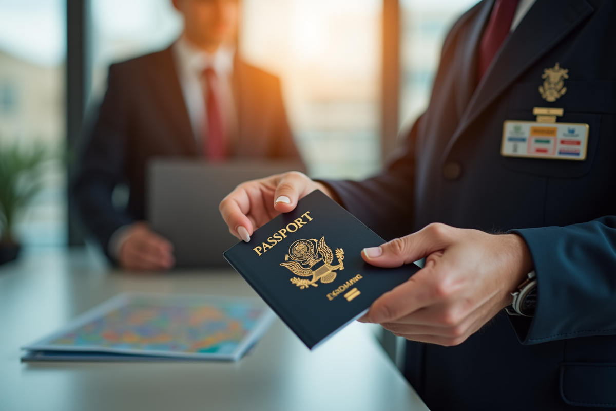 Main présentant un passeport à un agent de frontière lors du contrôle