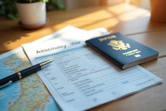 Passeport français et formulaire de visa Japon sur un bureau lumineux