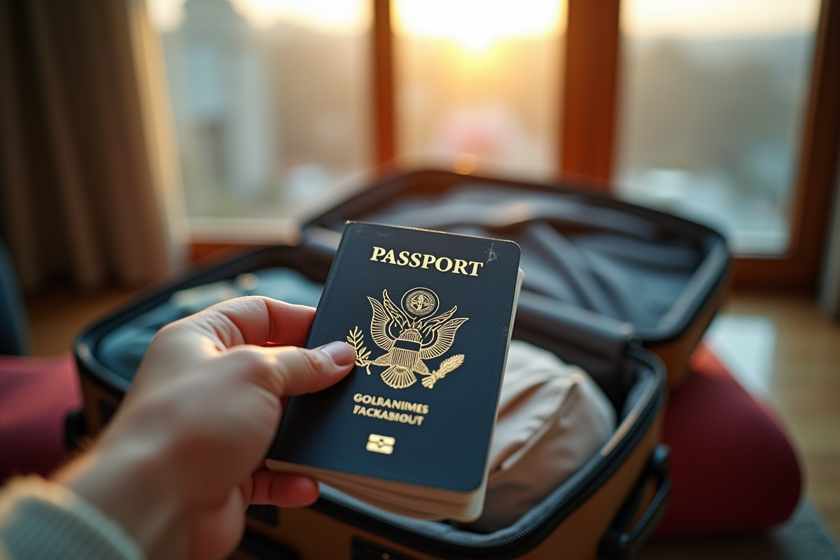 Personne tenant un passeport usé près d'une valise prête au voyage