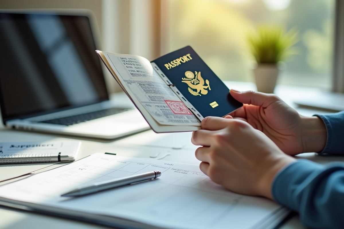 Mains tenant un passeport avec visa fraichement tamponne sur un bureau