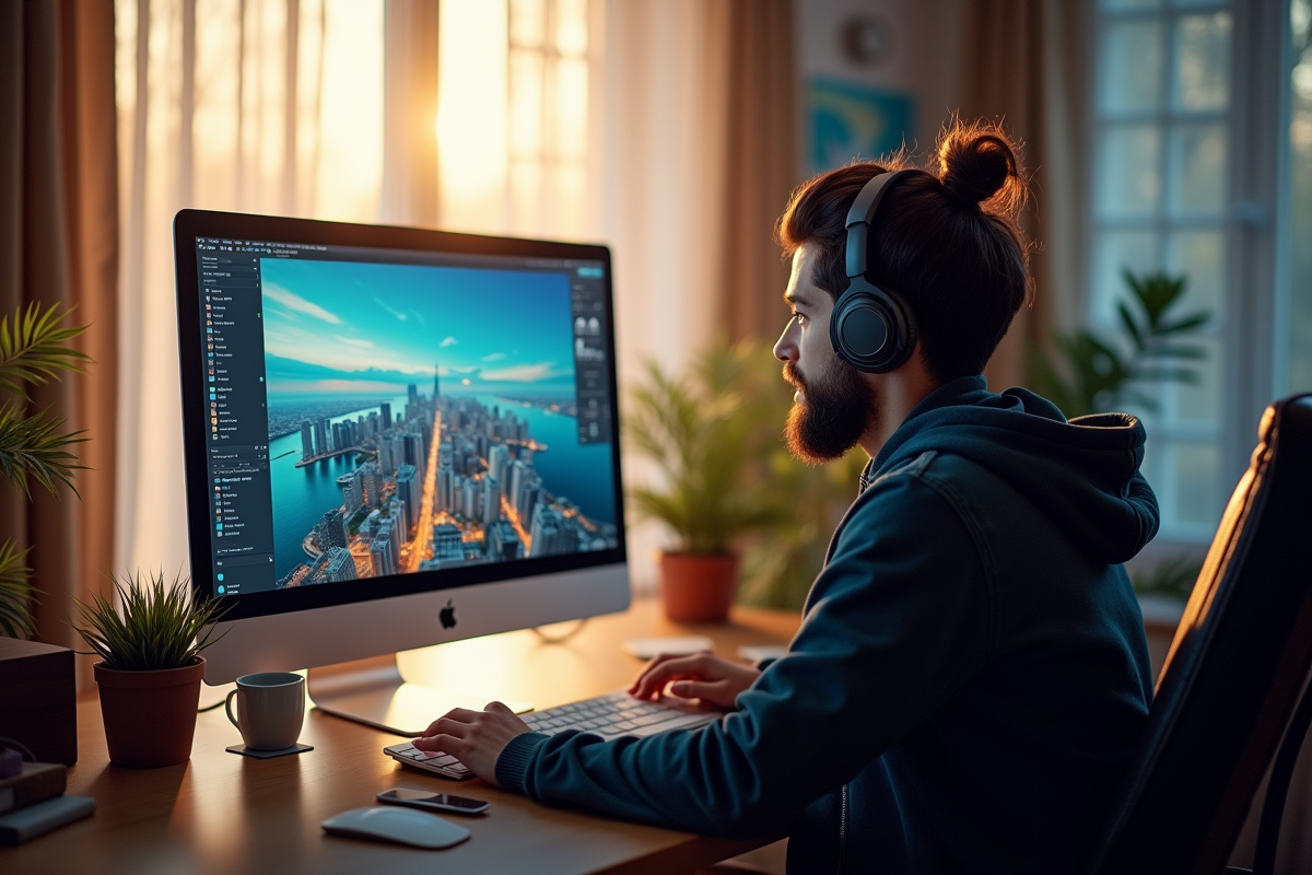 Personne au bureau à domicile regardant une carte interactive de la ville